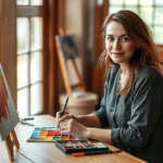 Woman sitting at wooden table painting with watercolors, vibrant colors on canvas, natural window light, peaceful expression, artistic studio environment, warm tones, focused concentration