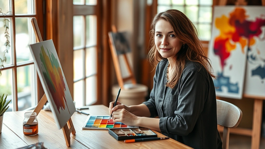 Woman sitting at wooden table painting with watercolors, vibrant colors on canvas, natural window light, peaceful expression, artistic studio environment, warm tones, focused concentration