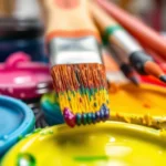 Close-up of colorful paint brushes immersed in vibrant acrylic paints, soft studio lighting, artistic workspace atmosphere, shallow depth of field focusing on brush bristles