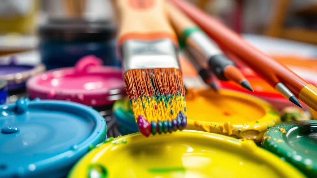Close-up of colorful paint brushes immersed in vibrant acrylic paints, soft studio lighting, artistic workspace atmosphere, shallow depth of field focusing on brush bristles