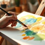 Close-up of hands holding paintbrush applying vibrant watercolor strokes on canvas, warm natural lighting from studio window, peaceful creative atmosphere