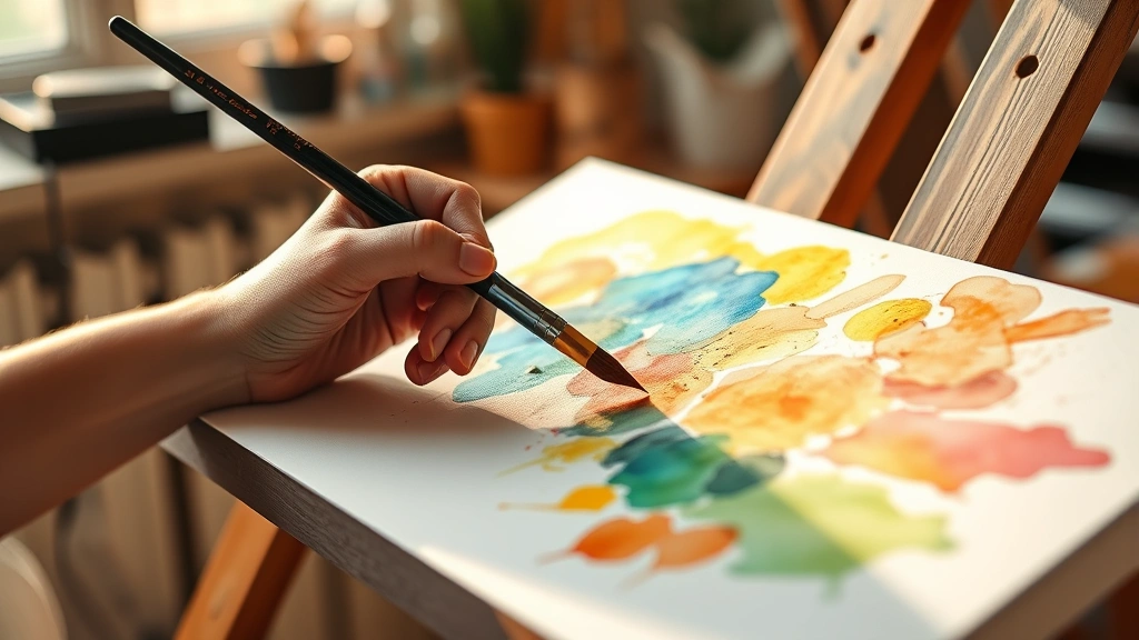 Close-up of hands holding paintbrush applying vibrant watercolor strokes on canvas, warm natural lighting from studio window, peaceful creative atmosphere