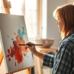 Person painting on canvas with vibrant watercolors in bright studio lighting, focused expression, warm natural light streaming through windows, peaceful creative environment