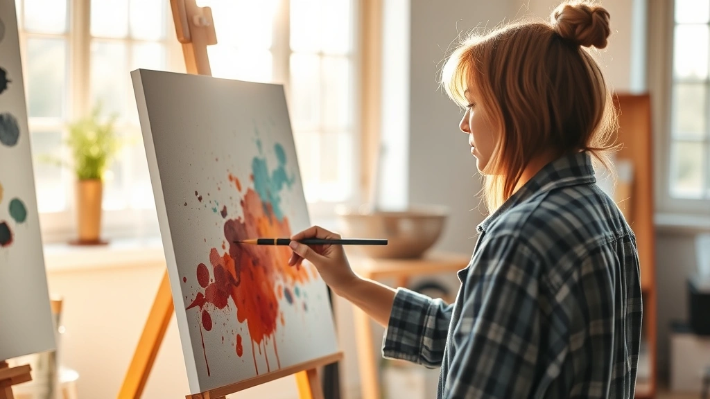 Person painting on canvas with vibrant watercolors in bright studio lighting, focused expression, warm natural light streaming through windows, peaceful creative environment