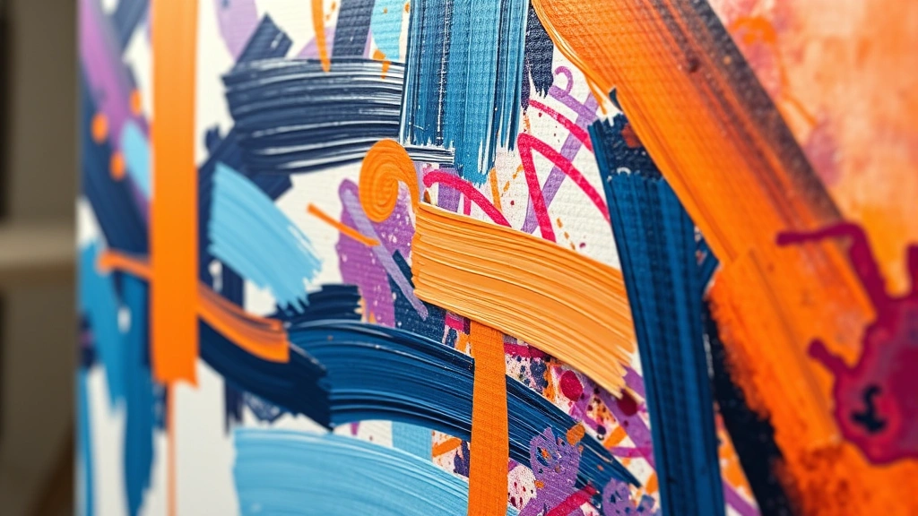 Abstract colorful paint strokes and brushwork on canvas, therapeutic art session environment, soft studio lighting, rich blues, purples, and warm oranges blending together, close-up artistic detail