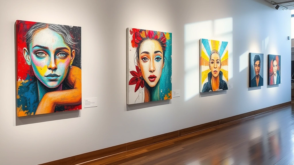 Colorful abstract artwork displayed on gallery wall, mixed media pieces showing emotional expression, natural light illuminating texture and layers