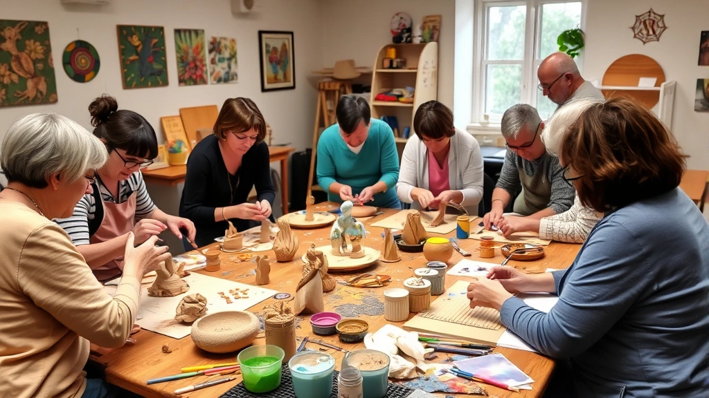 Diverse group of people engaged in clay sculpture and mixed media art-making in a therapeutic group setting, focused expressions, colorful art materials on wooden tables