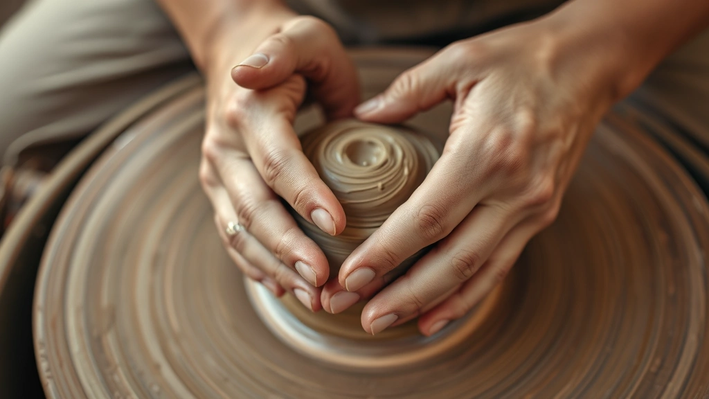 Close-up of hands working with clay on pottery wheel, warm earthy tones, concentrated gentle movement, therapeutic creative process, textured clay details
