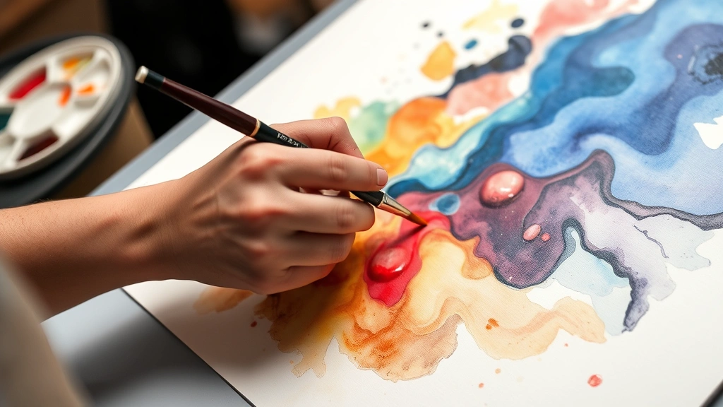 Person's hands creating abstract art with watercolor paints, flowing colors and brushstrokes, peaceful creative moment, artistic expression