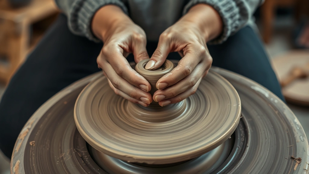 Close-up of hands sculpting clay on pottery wheel, mindful creative process, earth tones and natural textures, therapeutic art-making session in professional studio setting