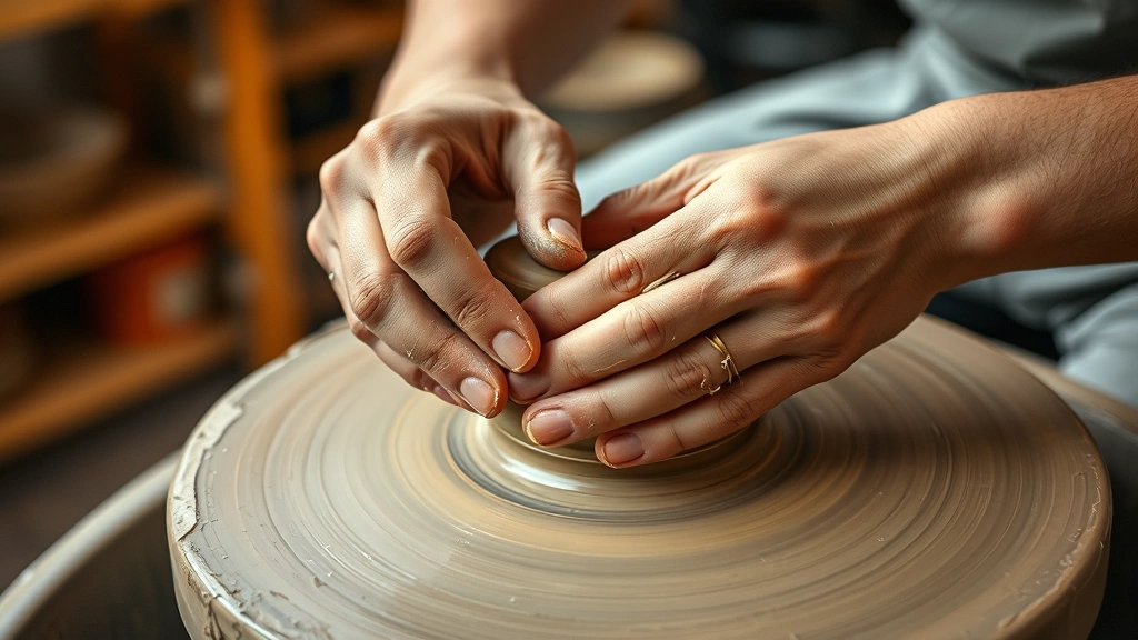 Close-up of hands sculpting clay on pottery wheel, earth tones, tactile creative process, professional studio setting, focused intentional movement, warm ambient light
