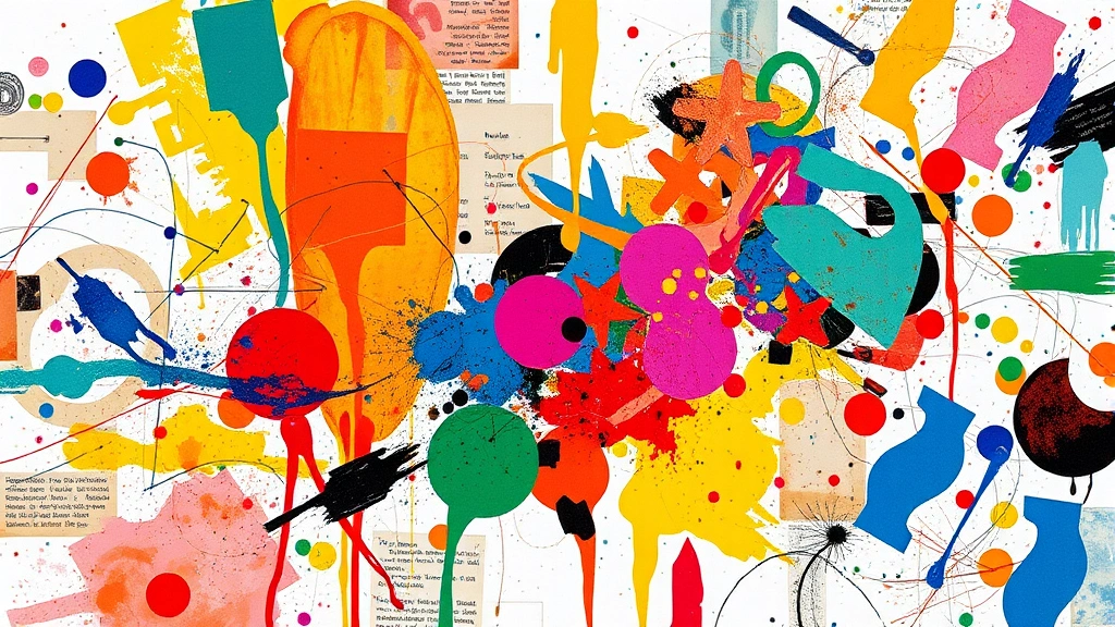 Colorful abstract artwork with mixed media materials, collage elements, paint textures, creative composition, artistic expression materials scattered