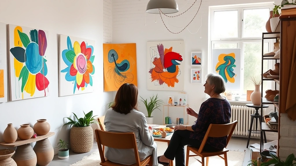 Art therapy session showing colorful abstract paintings and drawings on white walls, clay sculptures on shelves, natural daylight, welcoming therapeutic space, diverse artistic materials visible