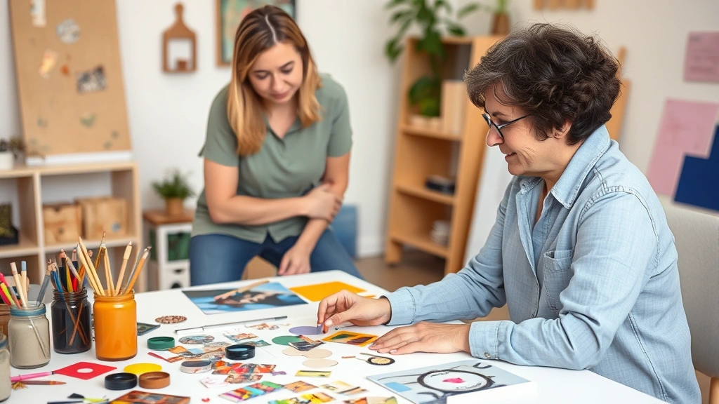 Adult client arranging colorful collage materials on art therapy workspace with art therapist observing supportively in background, calm therapeutic environment
