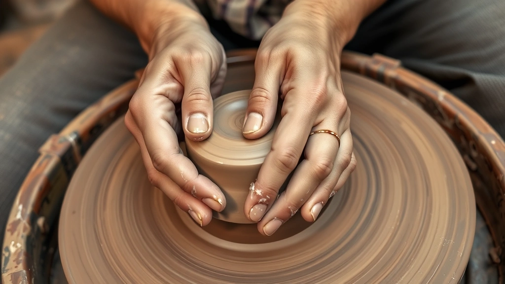 Close-up of hands sculpting clay on pottery wheel, earth tones, therapeutic tactile engagement, hands covered in clay, mindful creative process, studio setting