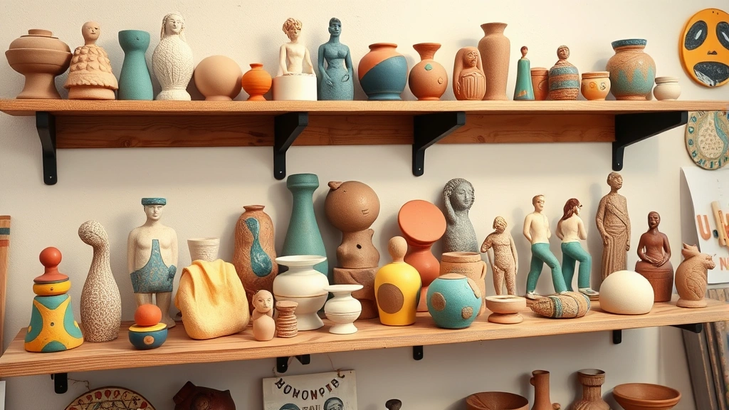 Colorful abstract clay sculptures and ceramic pieces arranged on wooden shelves in therapeutic art studio, various shapes and textures showing emotional expression through 3D art