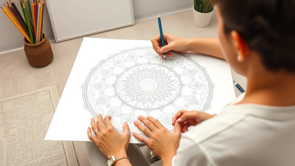 Individual creating a mandala with colored pencils on large paper, meditative focused posture, calm studio setting with neutral background, intricate circular patterns emerging, hands carefully drawing geometric designs