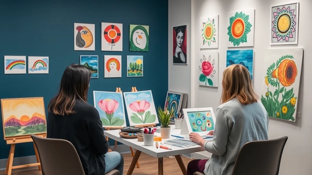 Art therapy session in clinical setting with diverse artwork samples, organized art supplies, welcoming calm environment for therapeutic practice