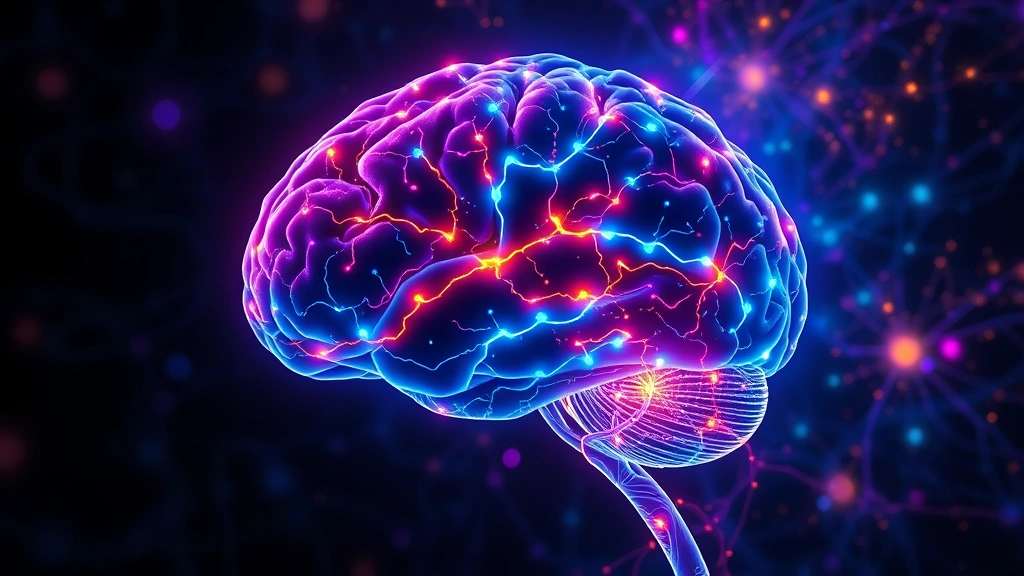 Brain illustration showing neural pathways lighting up during creative activity, vibrant colors representing neuroplasticity and dopamine release, scientific visualization style
