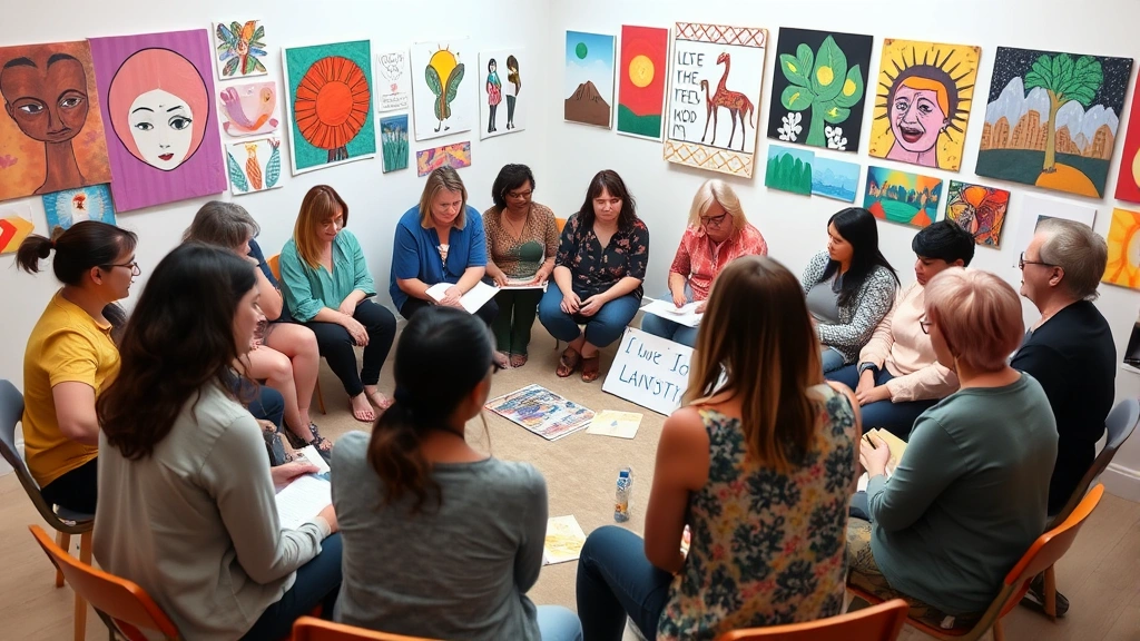 Group of diverse people in circle with artwork displayed, collaborative creative session, warm supportive atmosphere, various art mediums visible, mental health community