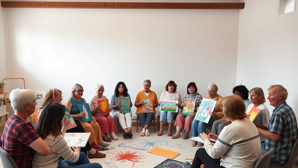 A diverse group of people in an art therapy session sitting in a circle, displaying their finished artworks, supportive therapeutic community atmosphere