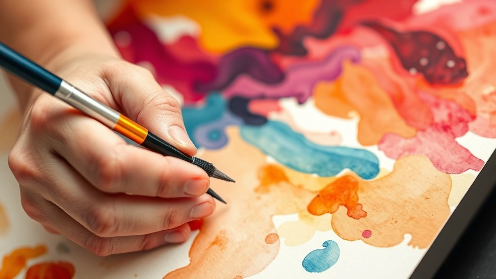 Hands creating abstract watercolor art with flowing brushstrokes and vibrant colors blending together, close-up perspective showing the tactile creative process, warm tones suggesting emotional expression and healing