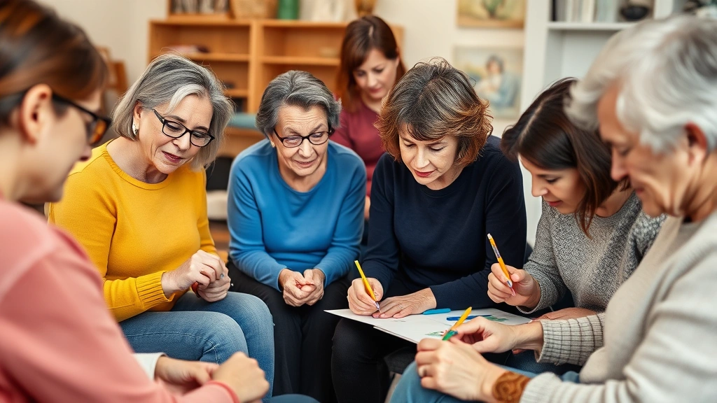 Diverse group of people in art therapy session, various ages creating art with colored pencils and markers, supportive therapist observing, warm therapeutic environment