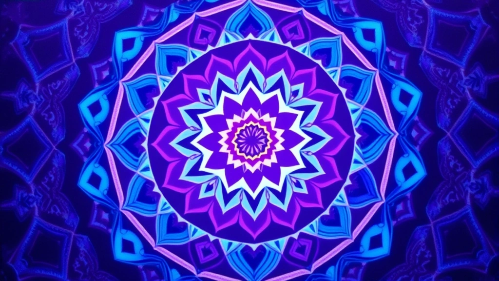 Vibrant mandala artwork with concentric geometric patterns in blues and purples, symbolic healing representation, artistic composition, professional photography quality, no text elements