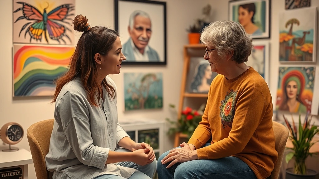 Art therapist and client discussing artwork together in calm clinical office, warm lighting, therapeutic relationship, creative work displayed