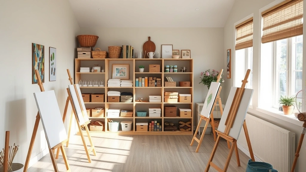 Peaceful art therapy studio space with easels, art supplies organized on shelves, neutral calming walls, natural light streaming through windows, inviting therapeutic environment