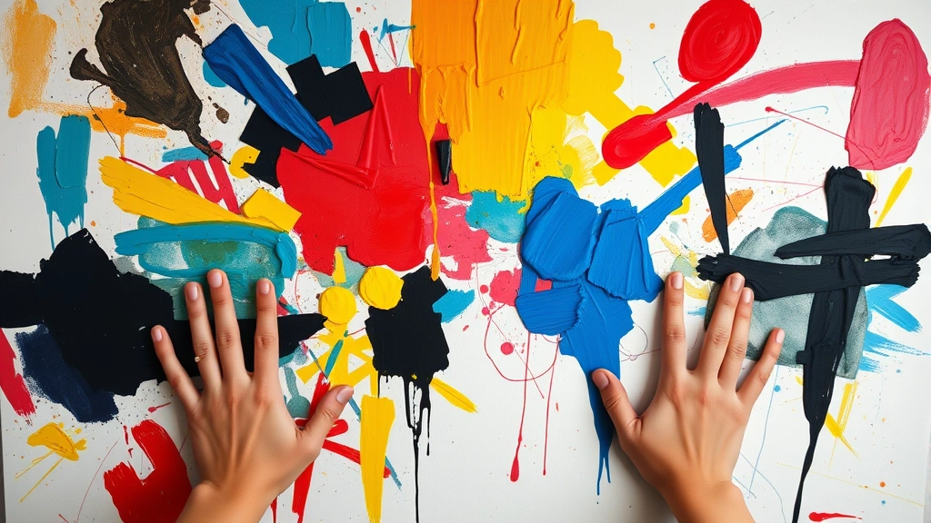 Overhead view of completed abstract art piece with bold colors and expressive marks, hands framing the artwork, representing emotional breakthrough and self-expression