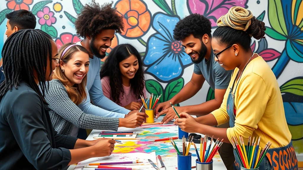 Group of diverse individuals in art therapy session creating collaborative mural, colorful paint brushes, positive social connection, inclusive creative expression, community healing
