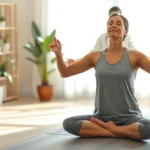 Patient in peaceful meditation pose during physical therapy session, soft natural lighting, therapist present in background, serene clinical environment with plants