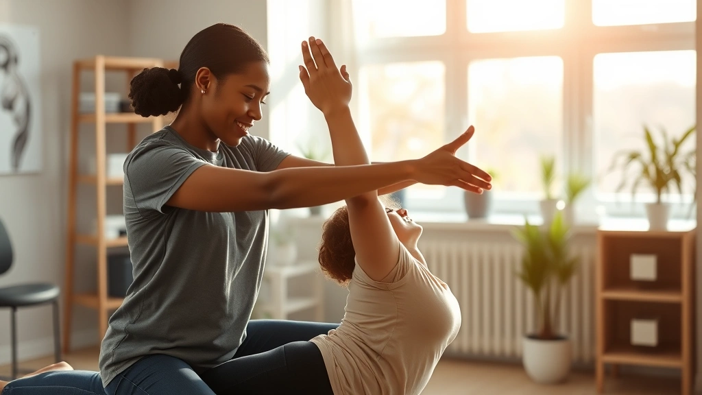 A diverse physical therapist guiding a patient through a gentle stretching movement in a modern, sunlit clinical setting with calming earth tones and natural elements visible through windows
