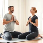 Professional physical therapist and patient in modern bright clinic performing mindful breathing exercise together, patient seated on therapy mat with eyes closed, therapist nearby demonstrating proper diaphragmatic breathing technique, calm peaceful atmosphere with natural window light
