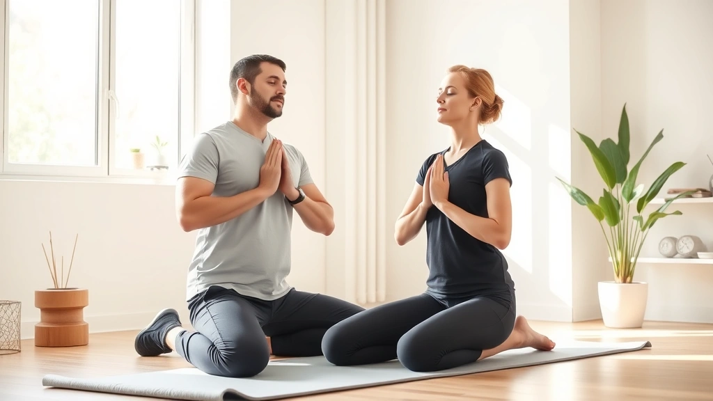 Professional physical therapist and patient in modern bright clinic performing mindful breathing exercise together, patient seated on therapy mat with eyes closed, therapist nearby demonstrating proper diaphragmatic breathing technique, calm peaceful atmosphere with natural window light