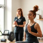 Peaceful physical therapy clinic with therapist guiding patient in mindful breathing exercise, natural light streaming through windows, calm professional environment with exercise equipment visible in soft focus