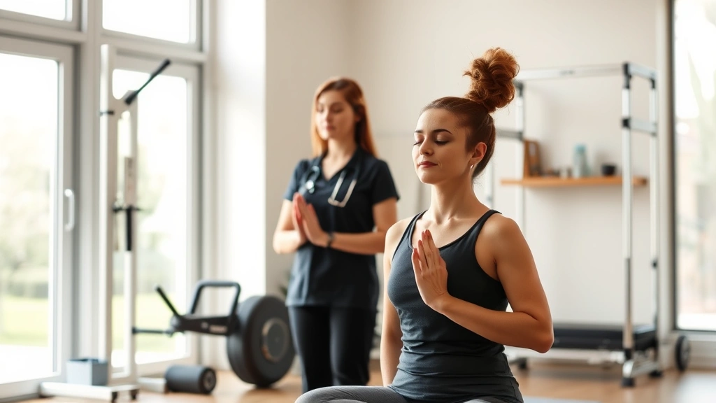Peaceful physical therapy clinic with therapist guiding patient in mindful breathing exercise, natural light streaming through windows, calm professional environment with exercise equipment visible in soft focus