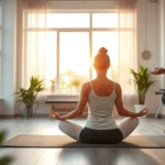 A serene physical therapy clinic with a patient sitting in a peaceful meditation pose on a mat, warm natural light streaming through large windows, therapist nearby with hands extended in a supportive gesture, minimalist modern interior with plants and soft colors