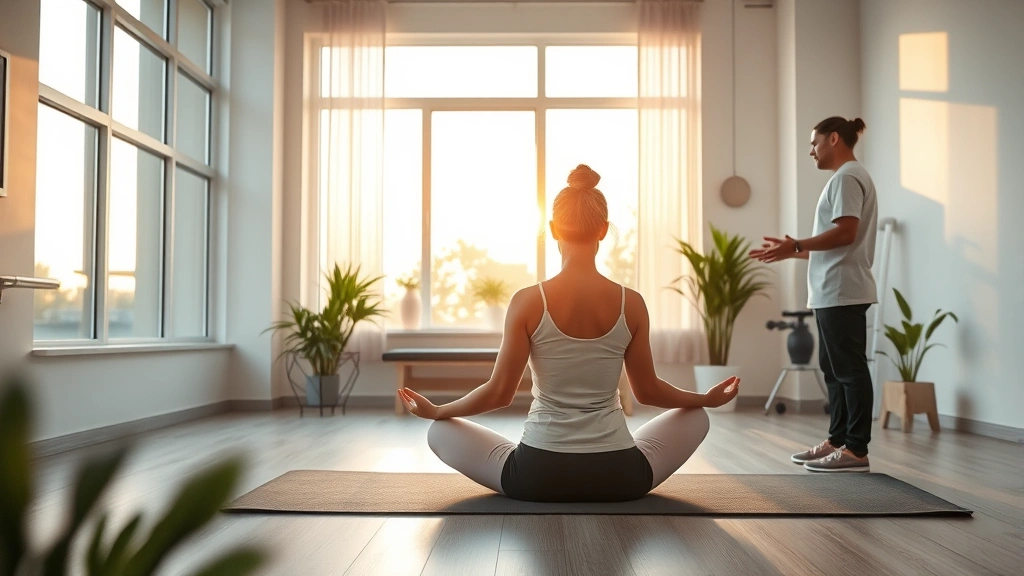 A serene physical therapy clinic with a patient sitting in a peaceful meditation pose on a mat, warm natural light streaming through large windows, therapist nearby with hands extended in a supportive gesture, minimalist modern interior with plants and soft colors