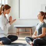 Professional physical therapist guiding patient through mindful breathing exercise in modern rehabilitation clinic, patient seated on therapy mat with eyes closed, peaceful expression, natural light streaming through windows, minimalist clinical environment