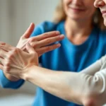 Close-up of a patient's hands during physical therapy session with therapist gently guiding arm movement, soft natural lighting, peaceful expression on patient's face, minimalist clinic background