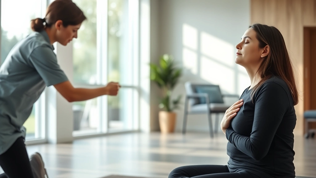 A physical therapist guiding a patient through a mindful breathing exercise in a modern rehabilitation clinic, patient sitting peacefully with eyes closed and hand on chest, natural sunlight streaming through windows, calming neutral tones