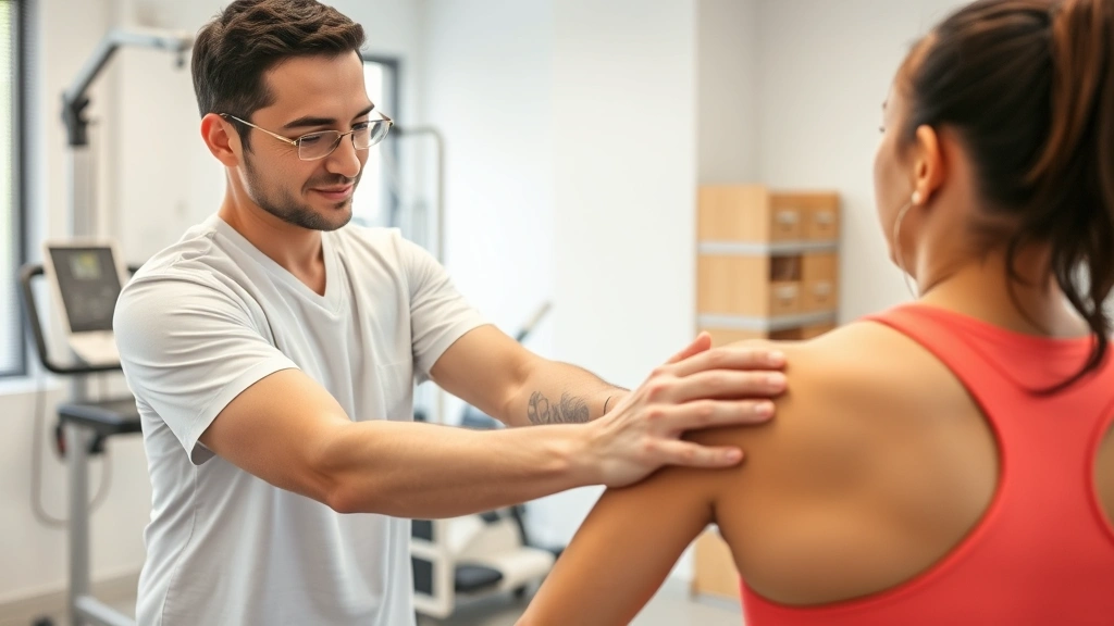 Physical therapist performing hands-on manual therapy on patient's shoulder, professional clinical setting with modern equipment, natural lighting, patient wearing athletic wear