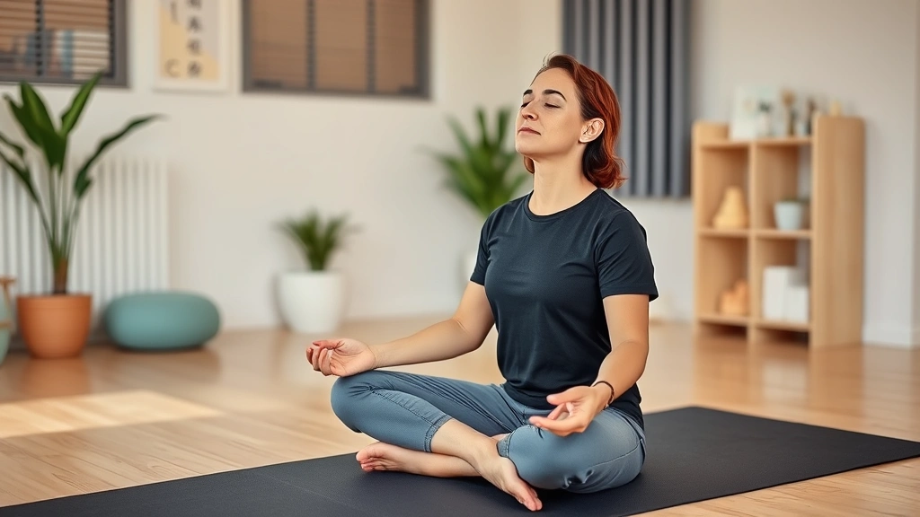 A peaceful patient sitting cross-legged on a yoga mat in a therapy clinic, eyes closed in meditation, with a therapist nearby demonstrating proper breathing technique, serene expression