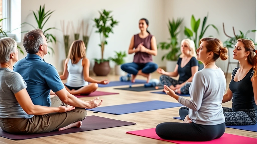 Diverse group of patients in physical therapy setting practicing guided meditation during class, sitting on yoga mats with eyes closed, therapist in background with serene expression, modern rehabilitation facility with plants and calming decor visible