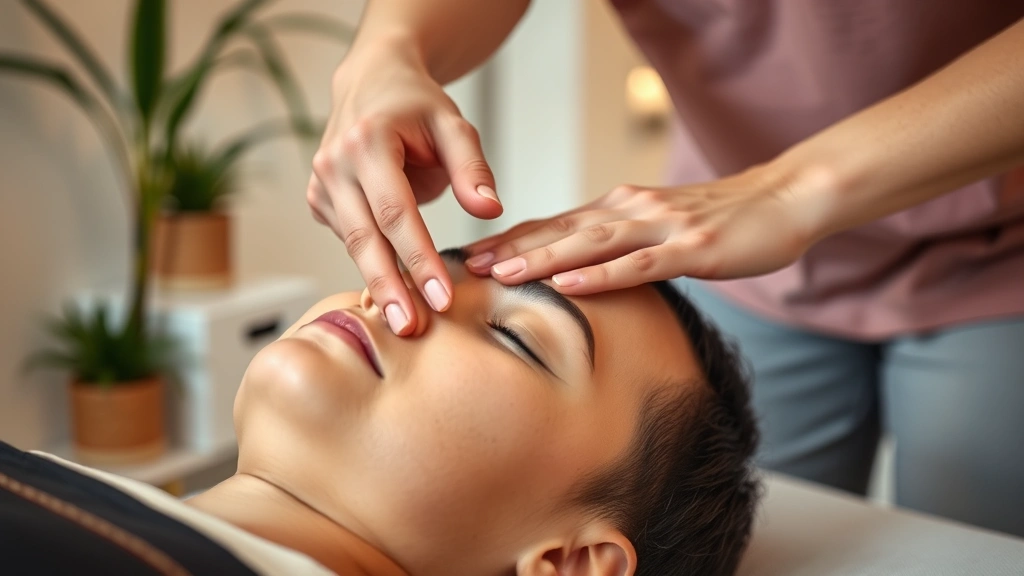 Close-up of hands performing therapeutic touch during mindfulness-based physical therapy session, warm lighting, patient showing relaxed facial expression, modern clinical setting with minimal decor
