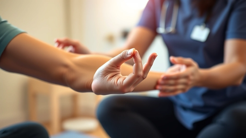 Close-up of patient's hands performing body scan meditation during physical therapy session, therapist's hands gently supporting patient's arm, warm clinical lighting, demonstrating mind-body connection awareness