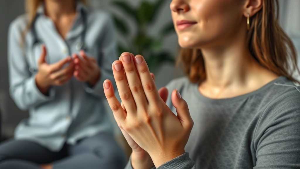 Close-up of a patient's hands during a body scan meditation practice in a therapy room, therapist gently instructing nearby, serene expression on patient's face, therapeutic setting with muted colors and soft lighting