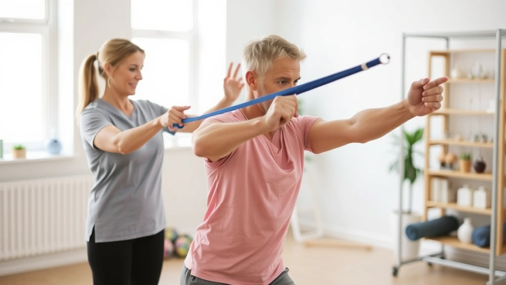 Patient performing therapeutic resistance exercise with resistance band under therapist guidance, bright rehabilitation clinic interior, focus on proper form and movement quality